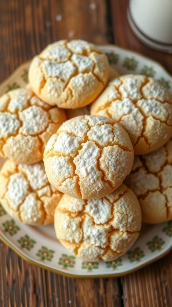 A plate of cracked sugar cookies dusted with powdered sugar, arranged on a wooden table.